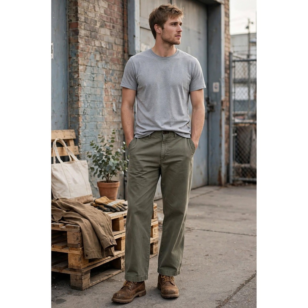 Old Navy Mens 38x34 Loose Fit Work Pants Olive Green Wide Leg Cotton Twill